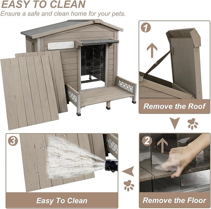 41" L Outdoor Large Dog House with Porch, Removable Floor, Raised Feet, Anti-Chewing Iron Frame - Wooden Kennel with Asphalt Roof, Window for Indoor/Outdoor Use, Ideal for Medium to Large Dogs