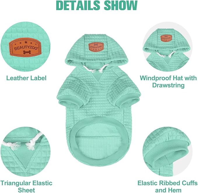 BEAUTYZOO Small Dog Hoodie Sweater with Pockets, Dog Clothes for Small Medium Dogs Boy Girl, Waffle-Like Laminated Cotton Pet Coats with Hat and Leash Hole, Mint Green M