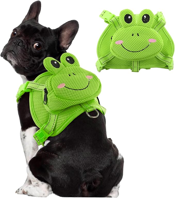 Dog Harness with Backpack, Adjustable Dog Backpack Harness for Small Medium Dogs, No-Pull Breathable Backpacks for Dogs to Wear, for Traveling, Hiking, Camping, Training, Green Frog XS