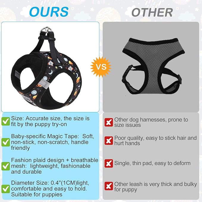 BEAUTYZOO Dog Harness Medium Sized and Leash Set, Step-in Soft Padded Mesh Puppy Vest, Reflective Dog Harness No Pull No Choke, Breathable Easy Walking Vest Harnesses for Girl Boy Pets, Black Planet M