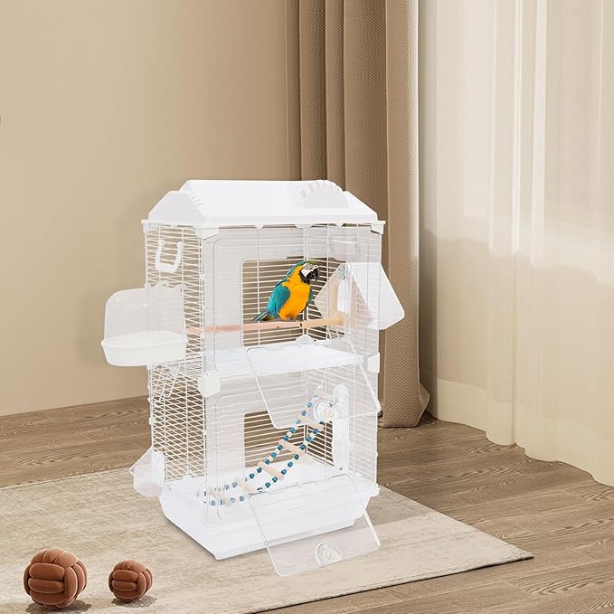 Two-Tier Bird Cage with Double-Door Design, 27.95in Roof Top Bird Cage, Parakeets Flight Parrot Cage, Medium Small Bird Cages for Their Beloved Birds, 15.74 * 11.02 * 27.95in