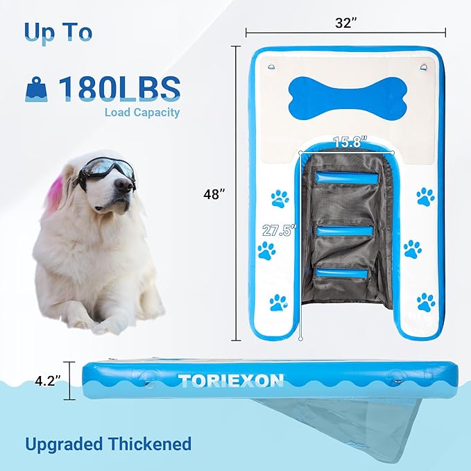 Inflatable Dog Boat Ramp 48"x32", Upgraded Pool Ramp for Dogs, Supports Up to 180 lbs, Stable & Durable Non-Slip Surface, Ideal for Pools, Lakes & Beaches
