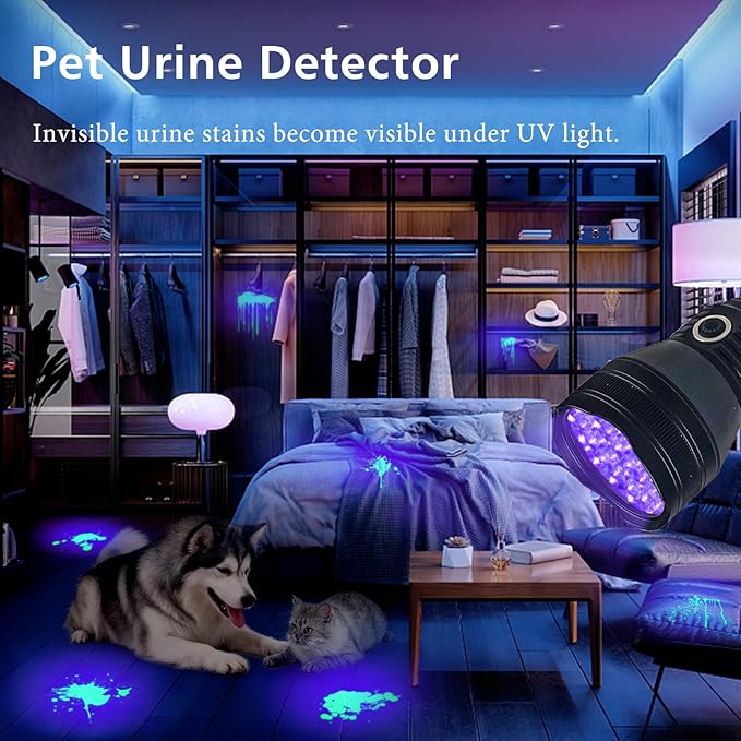 51 LED Rechargeable Black Light Flashlight, 395nm UV Flashlight, Portable Ultraviolet Pet Urine Detector for Dog Cat Stains, Bed Bugs, Scorpions, Resin Curing, Battery Included