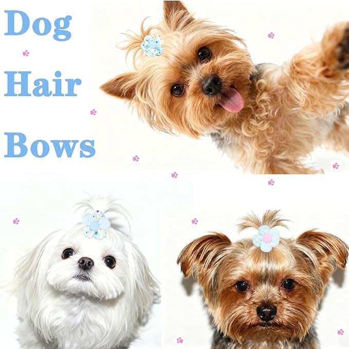 20 Pcs Handmade Cute Puppy Hair Bows, Flower Bowknot with Rubber Bands for Small Dog Hair Ties Accessories Light Blue