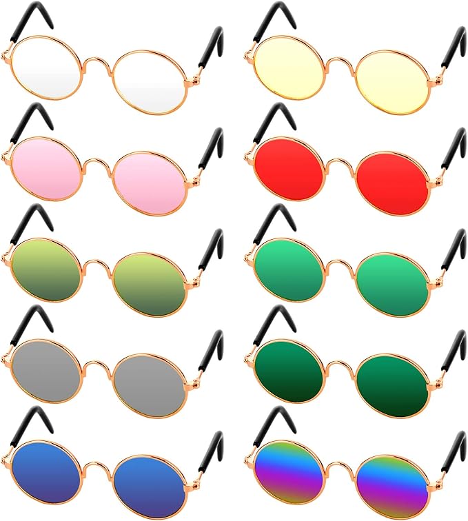 10 Pieces Cat Dog Sunglasses Funny Pet Glasses Round Metal Small Classic Retro Sunglasses Pet Hippie Cute Dog Cat Cosplay Party Costume Photo Props Cosplay Glasses(Mixed Color)