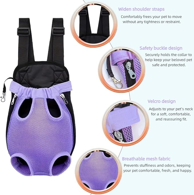 Pet Dog Carrier Backpack, Portable Breathable Mesh Chest Carrier, Polyester Woven Double Shoulder Pet Bag for Outdoor Adventures (Purple, Small)