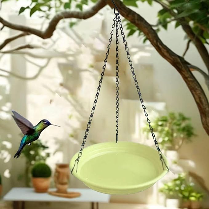 Hanging Bird Feeder and Waterer Tray Water Feeding Bowl Garden Decor with Chains Sturdy Birds Water Station for Backyard Yard, Yellow
