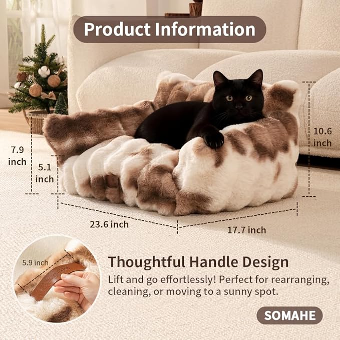 Cat Bed for Indoor Cats Dog Couch Cat Couch Bed Washable Dog Beds for Small Dogs & Cats with Removable Cover, Fluffy Pets Couch with Non-Slip Bottom 24"X18"X10"Beige
