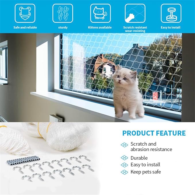 Balcony Screen for Pets,Cat Netting Balcony,Anti-Fall Pet Mesh Fence,Bite Tear Resistant,Dogs&Cat Safety Net for Balcony, Window, Stair, Patio,Anti Bird Netting for Garden/Balcony (10*13 ft)