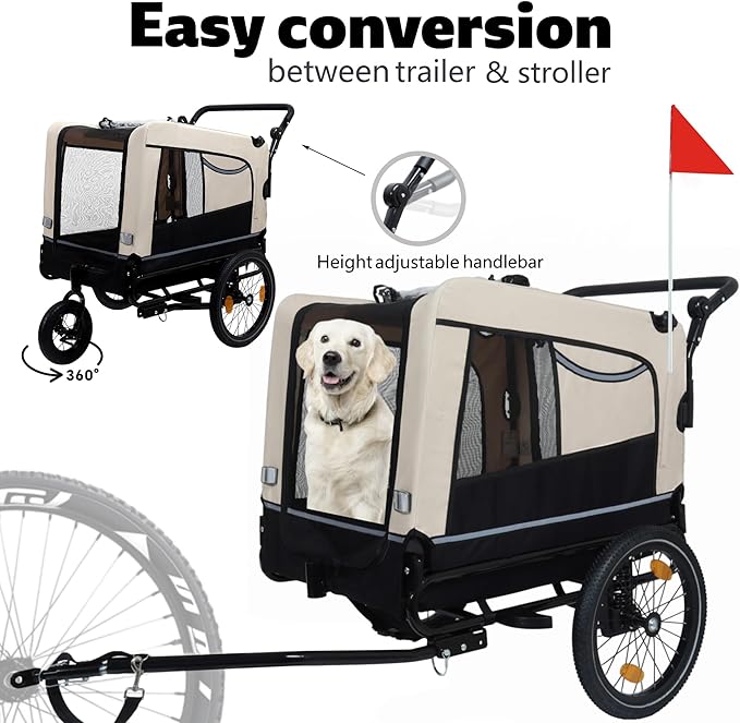 Extra Large 2-in-1 Bike Trailer & Push Cart for Pets - Detachable Bike Hitch & Push Handle Included - All-Terrain Wheels, Quick Release Wheel, Non-Slip Floor, Internal Leash, Holds Up to 88 lbs
