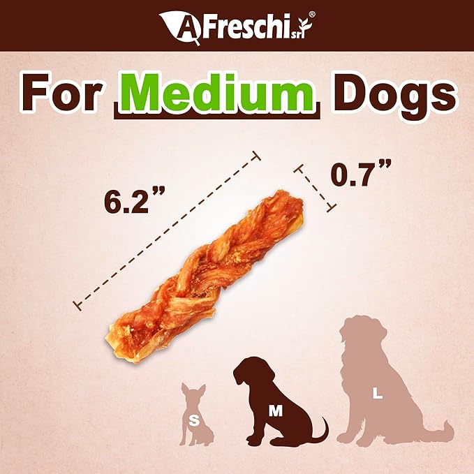 A Freschi srl Turkey Tendons for Dogs, USA-Sourced, Healthy Dog Treats, Rawhide-Free Puppy Chews, Long Lasting, All Natural, Hypoallergenic Dog Treats for Medium Breeds, 6 Count Pack Braid (M)