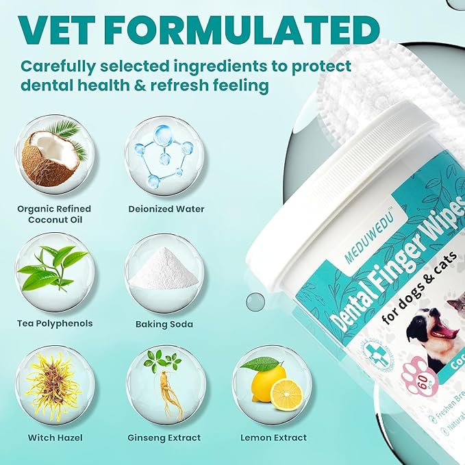 Wider Dental Care Finger Wipes 60 Counts,Teeth Cleaning Finger Wipes for Dogs & Cats,Reduces Plaque & Supports Oral Freshness, Coconut Scent