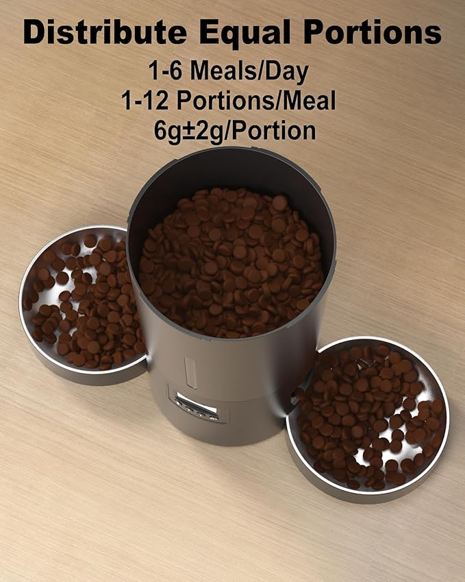 Automatic Cat Feeder for 2 Cats,6 Meals/Day,12 Portions/Meal,Dual Power Double Bowls,Dry Pet Food Autofeeder,10S Voice Record,Flexible Programmable Schedule Timer