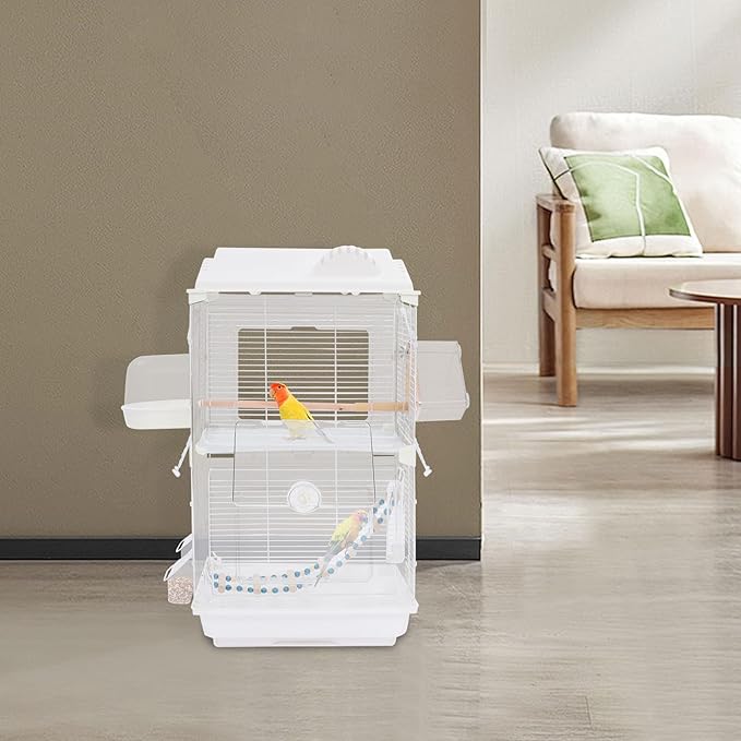 Two-Tier Bird Cage White Medium Flight Cage for Small Birds Parakeets Canaries Finches, Acrylic Front Panel with Ladder Food Cups Bath Box, 15.7x11x28 Inches Free Standing Aviary(B)