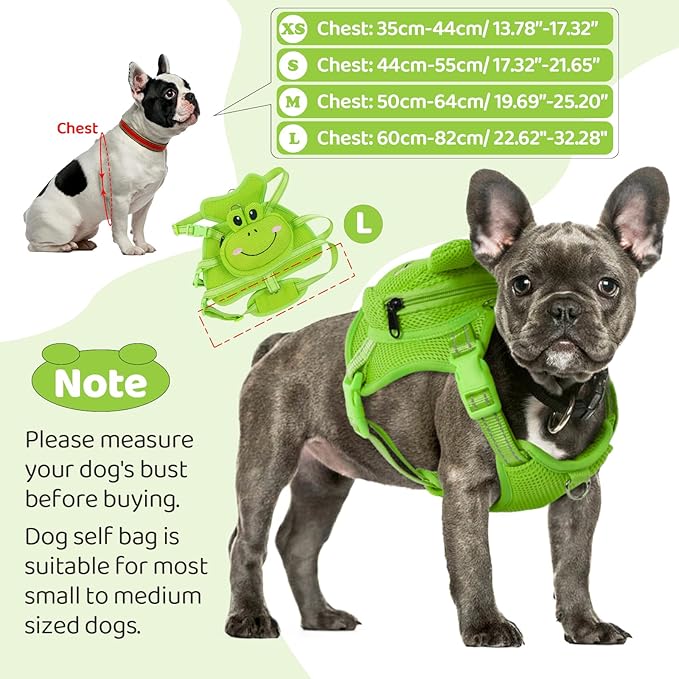 Dog Harness with Backpack, Adjustable Dog Backpack Harness for Small Medium Dogs, No-Pull Breathable Backpacks for Dogs to Wear, for Traveling, Hiking, Camping, Training, Green Frog XS