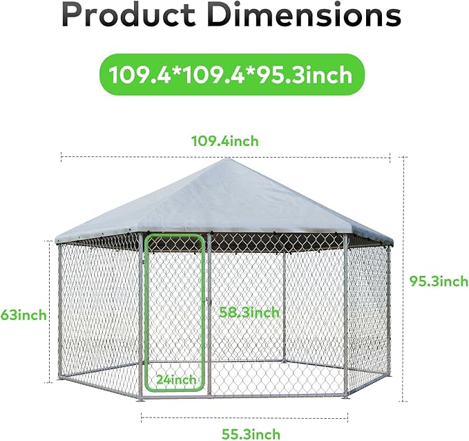 9x9 FT Large Outdoor Dog Kennel Outside with Heavy-Duty Steel Frame, Waterproof UV-Resistant Cover, Secure Lock, and Hexagonal Wire Fence