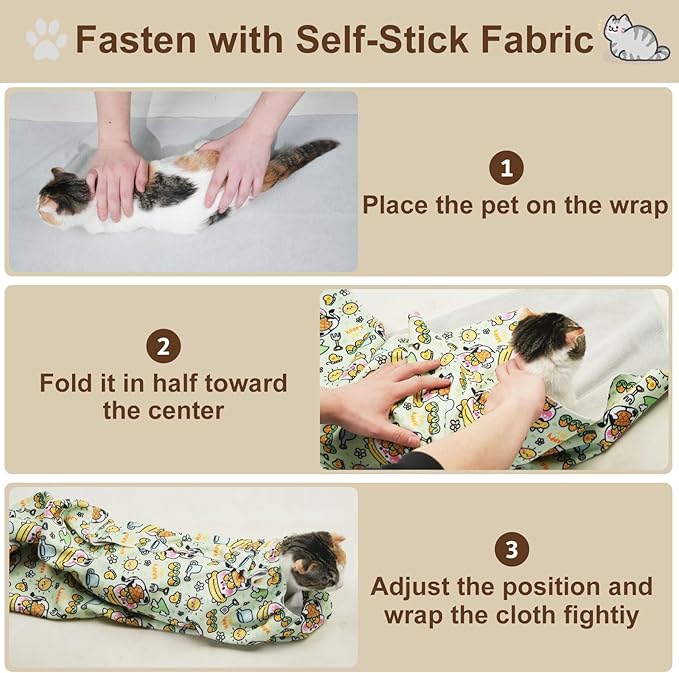 35.5" Extra Large Cat Grooming Wrap – Anti-Escape Cat Wrap for Cutting Nails, Brushing & Medication – Soft, Comfortable, Reusable, Self-Adhering, Holds Cats Up to 22lbs (Cow Corn)