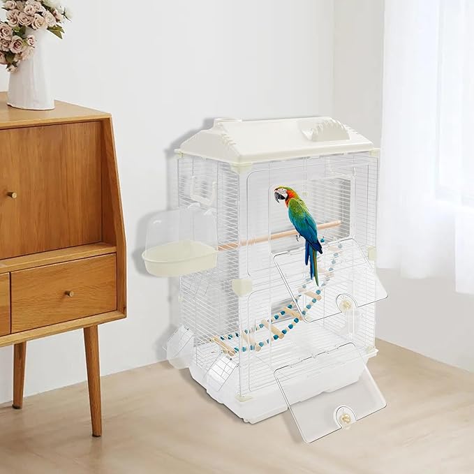 28inch Small Bird Cage Parrot Cage, White Iron Pet Bird Flight Cage Portable Birdcage with 2 Doors Cute Style for Parrots Cockatiels Conure Budgie Small Medium Birds