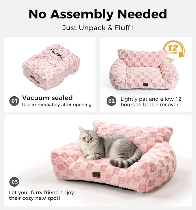 Made4Pets Dog Couch Bed, Soft Faux Fur Checkered Indoor Pet Sofa, Comfortable Fluffy Dog Sofa with Supportive Foam, Removable Washable Cover with Non-Slip Base, Pink, Large