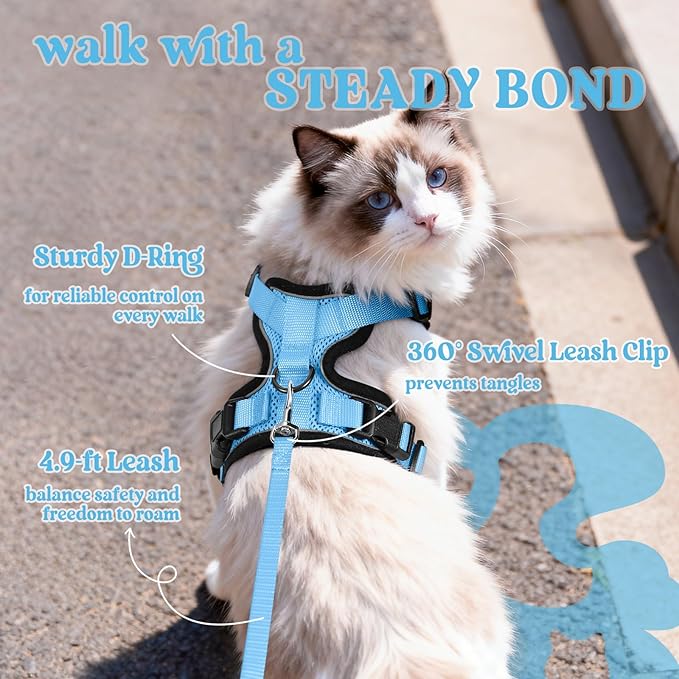 rabbitgoo Cat Harness and Leash for Walking, Escape Proof Soft Adjustable Vest Harnesses for Cats, Easy Control Breathable Reflective Strips Jacket, Light Blue, XS