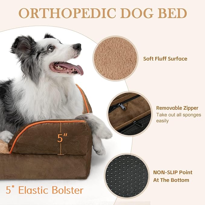 Comfort Expression Orthopedic Dog Bed for Large Dogs 36x27 Inch, Waterproof Supportive Egg Crate Foam Large Pet Bed with Removable Bolsters, Dog Couch with Washable Cover & Non-Slip Bottom, Brown