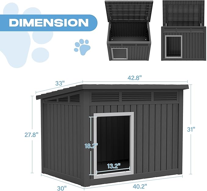 Fancyango Large Dog House for Indoor & Outdoor - Super Spacious Weatherproof Design with Removable Roof Ideal for All Dog Sizes (42.8" L x 33" W x 31.5" H) - Black