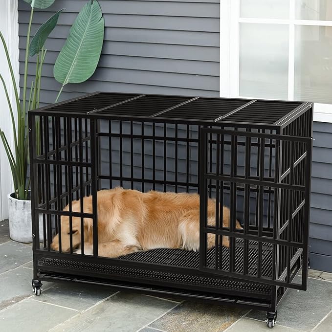 LEMBERI 38 inch Heavy Duty Indestructible Dog Crate, Escape Proof Dog Cage Kennel with Lockable Wheels,High Anxiety Double Door Dog Crate,Extra Large Crate Indoor for Large Dog with Removable Tray