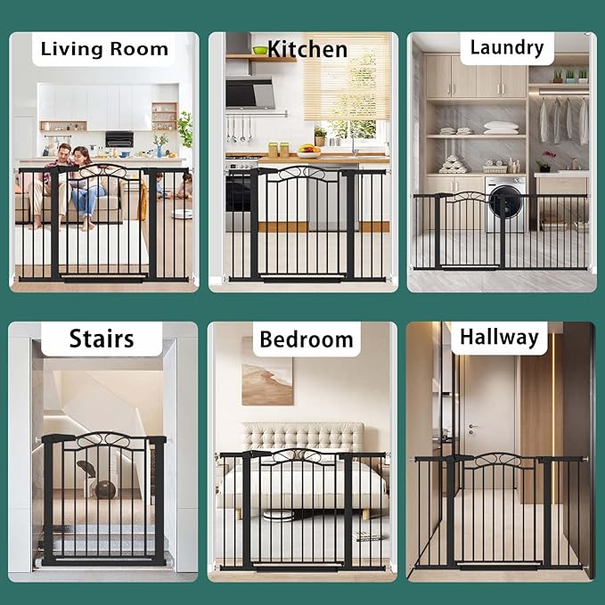 Fairy Baby 59.9"-62.5" Extra Wide Baby Gate with Door, 60 61 62 Inches Walk THR Baby Gates for Stairs Pressure Mounted no Drill, Indoor Tension Metal Child Pet Dog Safety Gate for Kids, Black