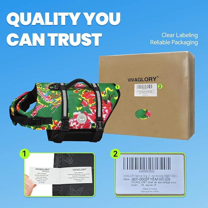 VIVAGLORY Rip Stop Dog Life Vest, Swimming Vest with Handle, Buoyancy for Doggy Puppy, Dog Life Jacket for Swimming & Boating, S, Northeast Florals-Green