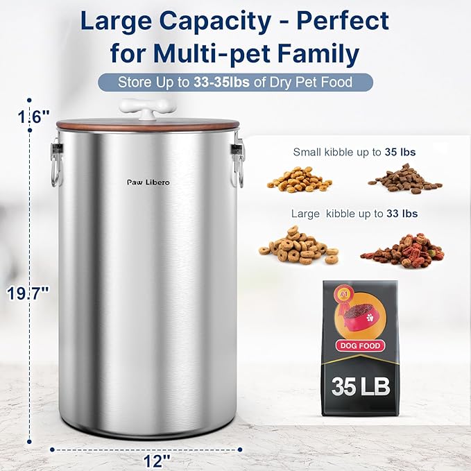 35 Lbs Stainless Steel Dog Food Storage Container with Airtight Wooden Lid & Ceramic Bone Handle, Large Metal Dog Food Bin, Pet Treat Jars for Dogs & Cats, Keep Fresh, Easy to Clean
