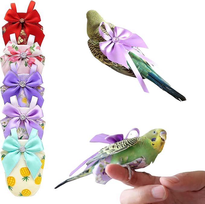 6pcs Bow Bird Diaper Set, Soft Reusable Flight Suit Clothing for Parrots Budgies Cockatiels — Cleaner Indoor Bonding & Training(M)