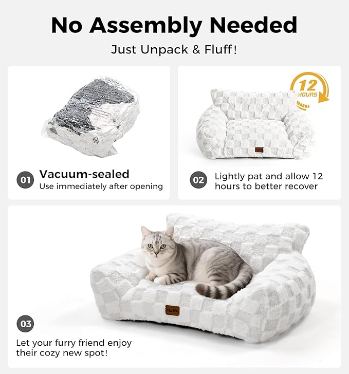 Made4Pets Dog Couch Bed, Soft Faux Fur Checkered Indoor Pet Sofa, Comfortable Fluffy Dog Sofa with Supportive Foam, Removable Washable Cover with Non-Slip Base, Sky Blue, Large