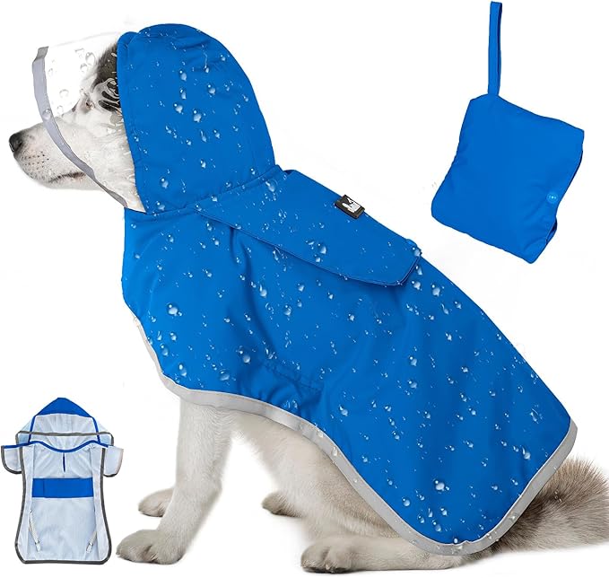 Lukovee Dog Raincoat, Adjustable Dog Rain Jacket with Clear Hooded Double Layer for Large Medium Small Dogs Puppies, Waterproof Rain Coat Poncho with Reflective Storage Pocket & Rim (Blue, XS)