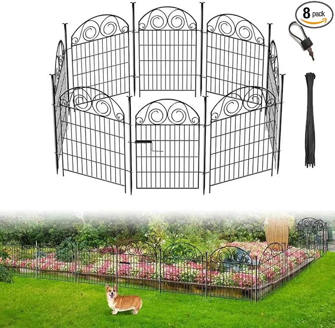 Tall Garden Fence Animal Barrier with Gate, 32 in(H) 8 Panels Garden Fences and Borders for Dogs, Dog Fence Outdoor for Yard, Total Length 17.5 Ft Metal Temporary Fencing│Patented