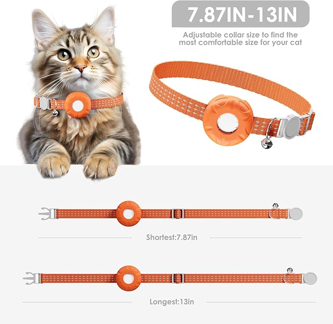 Cat Tracker, GPS Tracker Compatible with Apple Find My App(Only iOS), Waterproof Cat Tracker Collar with Bell and Safety Elastic Buckle, No Monthly Fee Pet Trackers for Vehicles, Pets, Kids,Orange