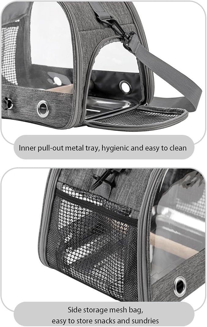 Portable Bird Cage Bird Carriers Foldable Panoramic View with Perch Removable Tray for Parrot Hamster Hedgehog Rabbit Sugar Glider (Black)