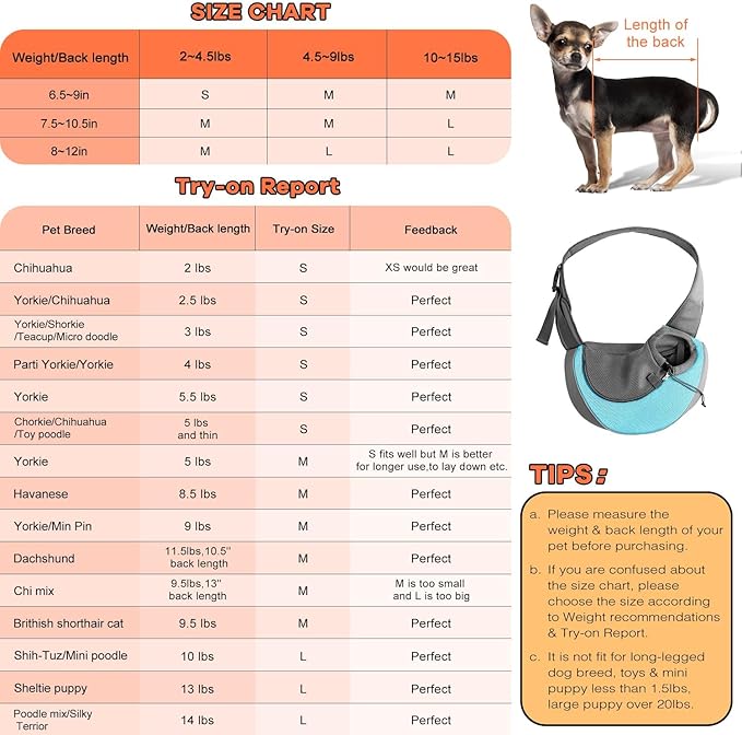 YUDODO Pet Sling Carrier for 5-9 lbs Small Dogs & Cats – Hands-Free Puppy Carrier with Safety Hook, Large Zipper Pocket, Soft Breathable Mesh, Adjustable Strap & Reflective Strip (Cyan 1.0 M)