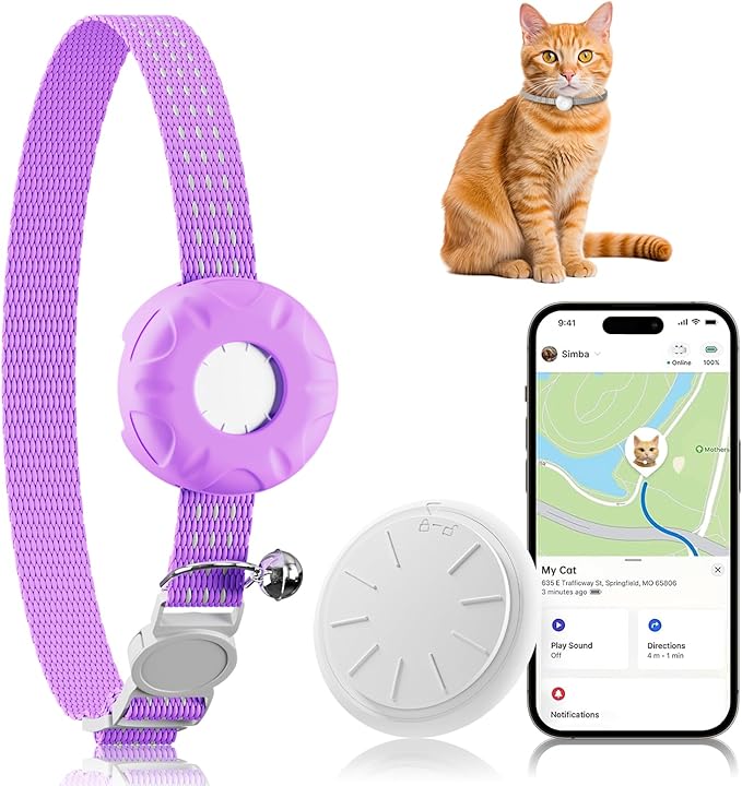 Cat Tracker, GPS Tracker Collar with Safety Elastic Buckle, Tractive GPS Cat Tracker Compatible with Apple Find My App (Only iOS), No Monthly Fee, Purple