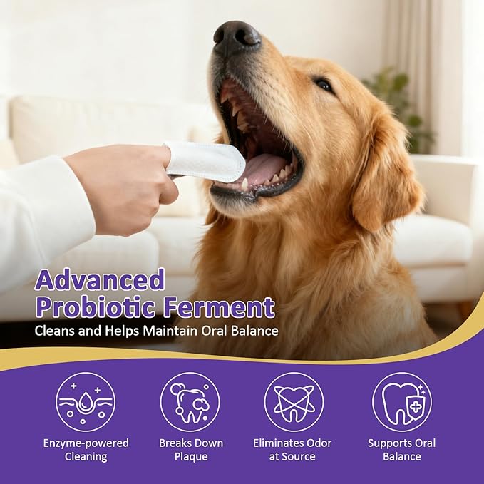 Pet Dental Finger Wipes,Teeth Cleaning Wipes for Dogs & Cats, Cats & Dogs Probiotic Teeth Wipes, Daily Oral Care for Plaque & Tartar Removal, Fresh Breath Support, 50 Count