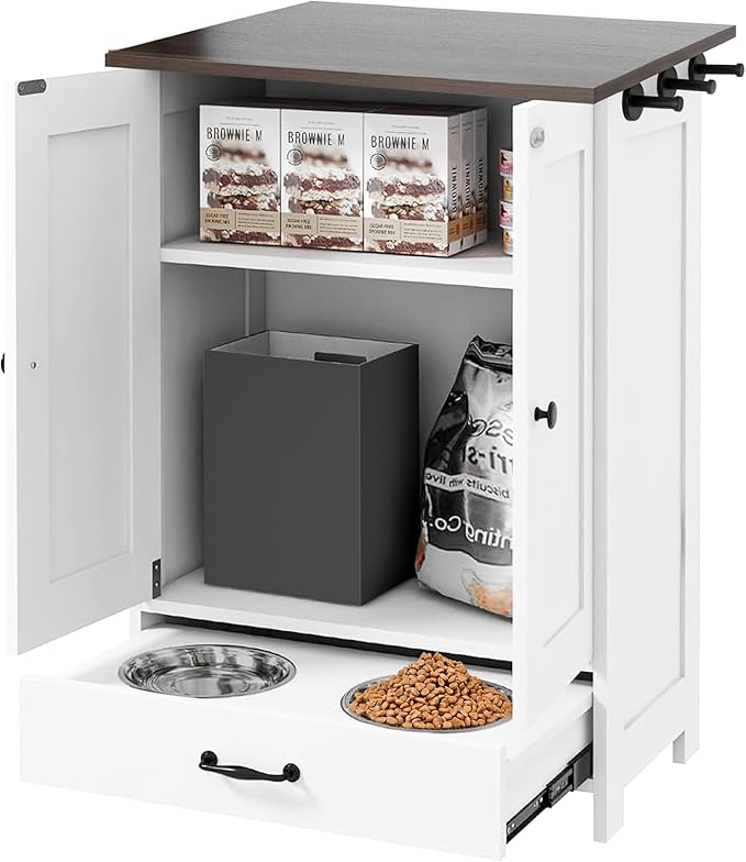 Pet Feeding Station, Dog Feeding Station, Dog Food Storage Cabinet, Pet Food Toy Organiser with 2 Elevated Bowls and Hook for Feeding and Drinking, White