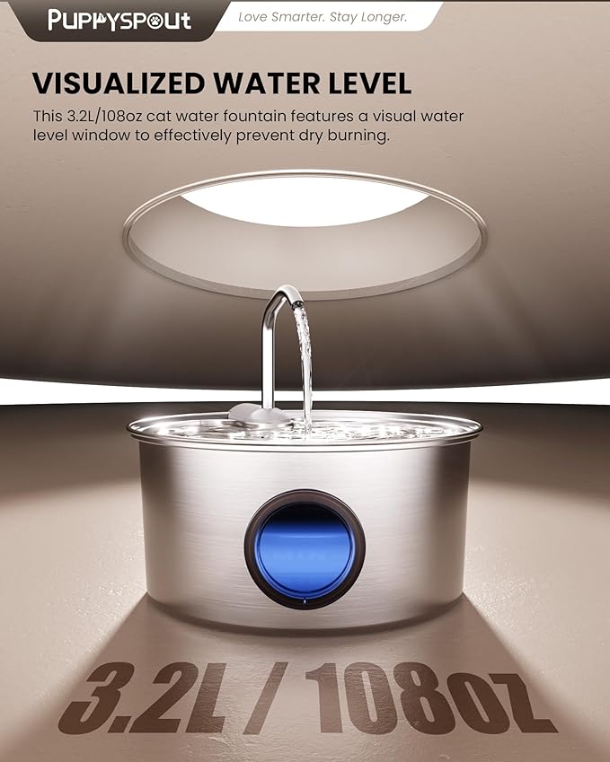 Cat Water Fountain Stainless Steel - 108oz/3.2L Automatic Cat Water Fountain for Drinking with 3PCS Filters, Metal Pet Water Fountain Water Dispenser for Cats, Puppy, Multiple Pets