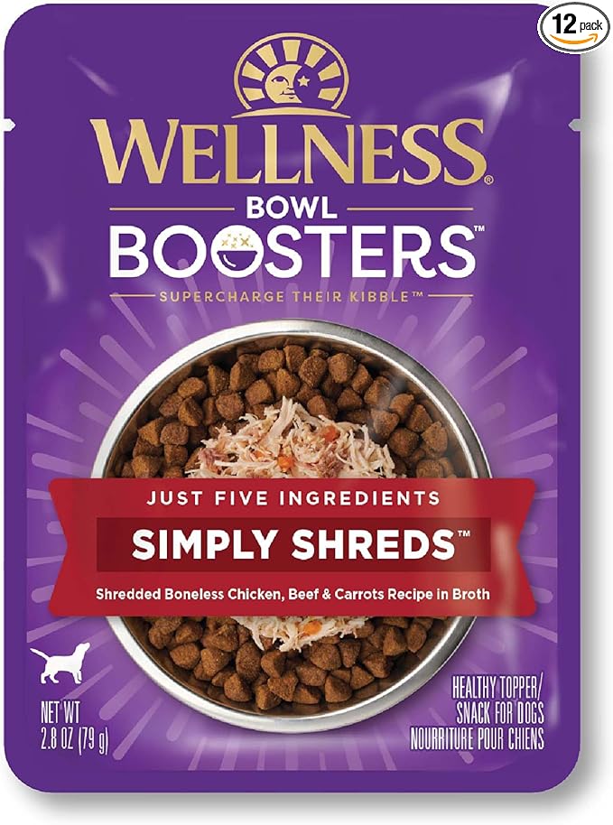 Wellness Bowl Boosters Simply Shreds Wet Dog Food Topper for Small, Medium, and Large Breeds, Grain Free, Natural, Beef and Carrots Recipe, 2.8 oz, Pack of 12 Pouches