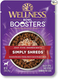 Wellness Bowl Boosters Simply Shreds Wet Dog Food Topper for Small, Medium, and Large Breeds, Grain Free, Natural, Beef and Carrots Recipe, 2.8 oz, Pack of 12 Pouches
