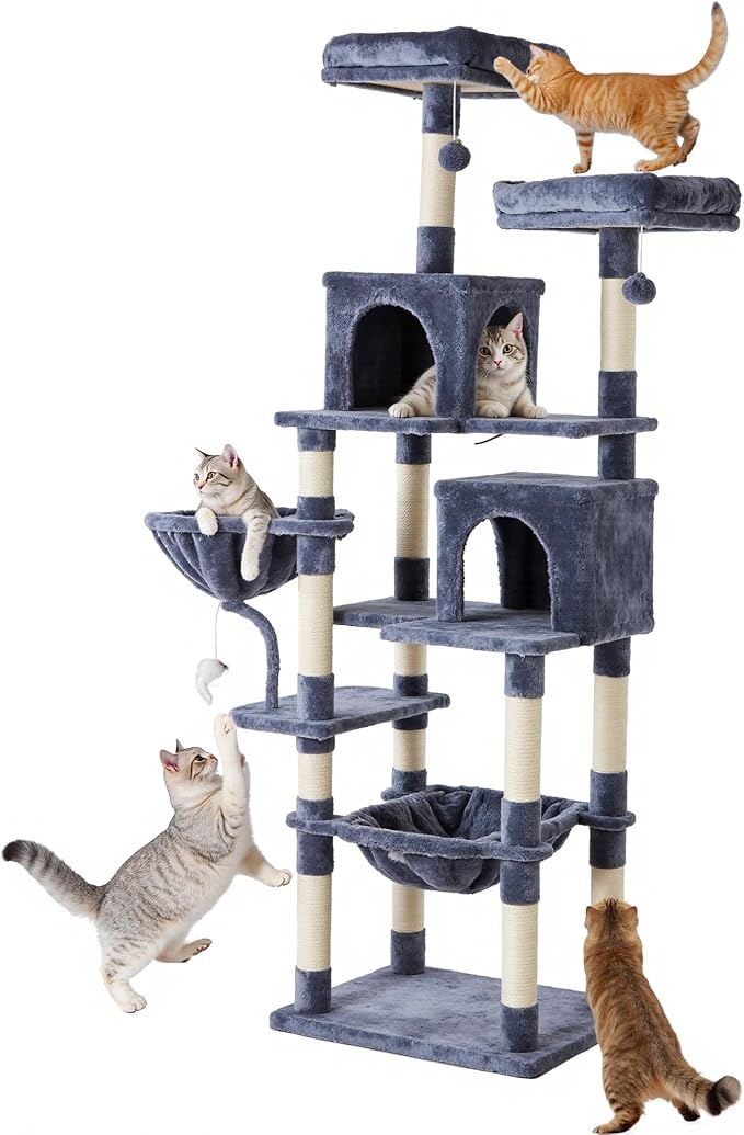 Sweetcrispy 71 inch Cat Tree Tower, Large Multi Level Cat Climbing Tower with Condo, Natural Sisal Scratching Posts, Platform, Hammock, Basket, Tall Pet Tree House for Indoor Cats Play, Dark Blue