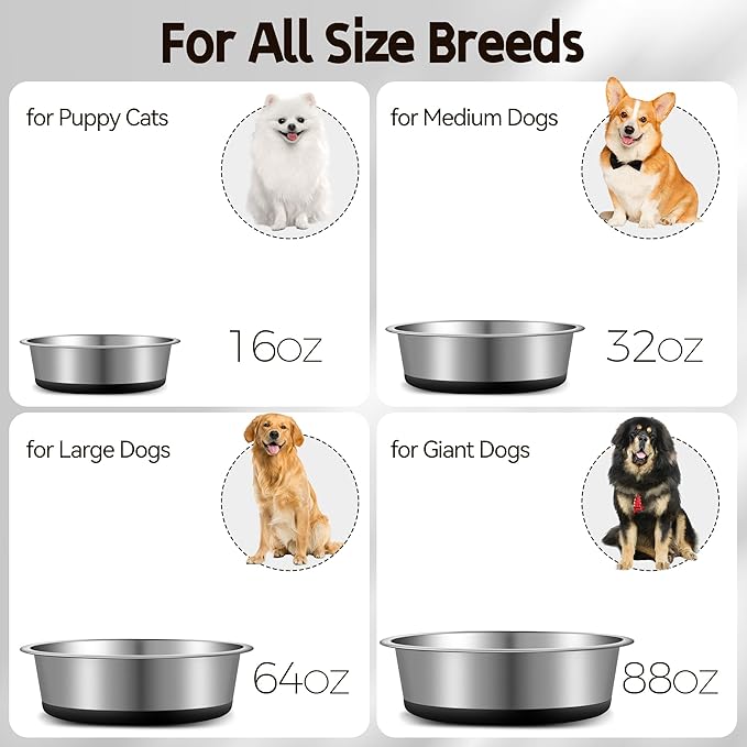 Stainless Steel Dog Bowls, Non Slip Dog Metal Bowls, 2 Pack Food and Water Pet Feeders Heavy Duty Dishwasher Safe (32oz, 4cup)