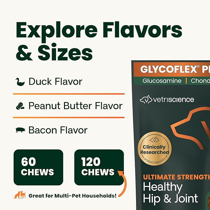 VetriScience Ultimate Strength Hip & Joint Supplement for Dogs, GlycoFlex Plus – MSM, Chondroitin & Green-Lipped Mussel Chews for Mobility, Flexibility, Comfort & Support, Peanut Butter Flavor 120 Cnt
