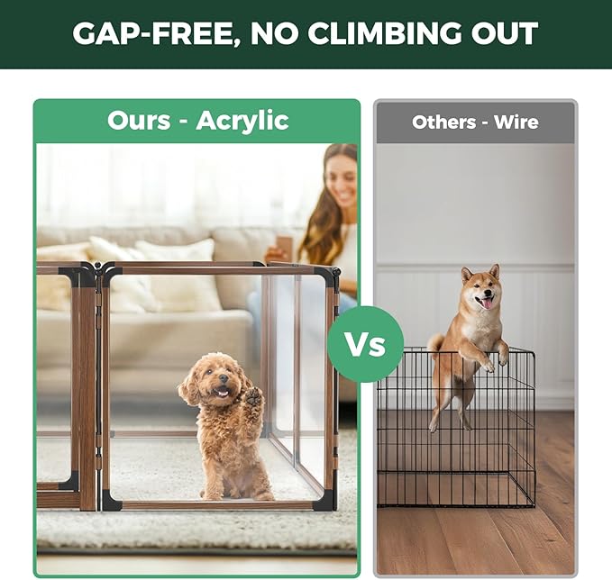 FXW AuraSpace Pro Metal & Acrylic Indoor Dog Playpen, All-Acrylic Clear Heavy-Duty Design, 24" Height 8 Panels for Puppies & Small Dogs, Walnut│Patented