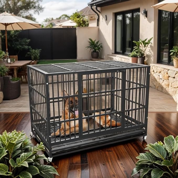 38 Inch Heavy Duty Dog Crate Cage with Wheels, Indestructible and Escape Proof Steel Kennel Indoor for High Anxiety Dogs with Sturdy Locks, Double Door and Tray, Extra Large XL XXL