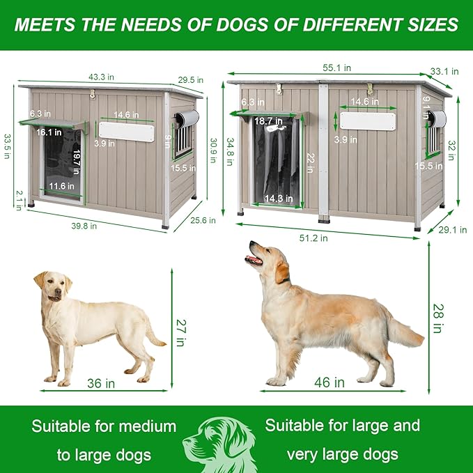 Big Dog House Outdoor Dog Houses for Large Dogs Outside with Adjustable Vent Window, Removable Floor, Easy Assembly for Medium to Large Dogs(55" L x 29" W x 35" H)