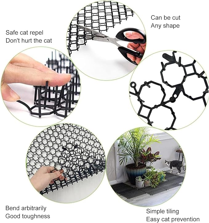 12Pcs Cat Deterrent Mat, Anti Cat Dog Network with Plastic Spikes, Indoor Outdoor Training Mat for Keeping Away Cats Dogs, Protecting Plants Furniture and Cars